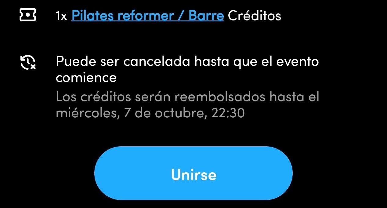 Detalle de una clase de Pilates Reformer con el botón «Unirse»