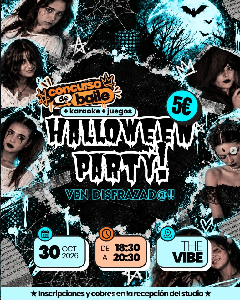 Cartel de la Halloween Party: concurso de baile, karaoke y juegos el 30 de octubre de 2026 de 18:30 a 20:30 en The Vibe, 5 €. Ven disfrazad@. Inscripciones y cobros en la recepción del studio.