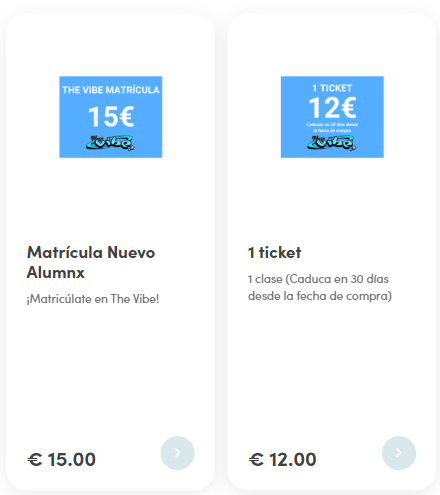 Web de The Vibe: tarjetas de la matrícula y de 1 ticket